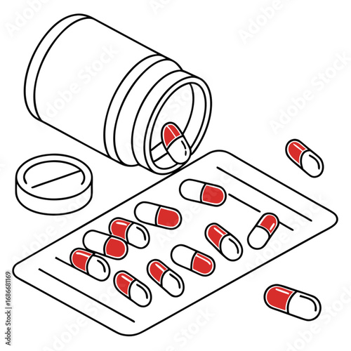 Isometric illustration of medication with a bottle, capsules, and blister pack