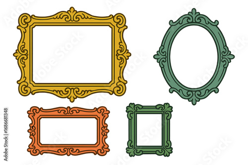 Set of decorative vintage frames in various shapes. Ornate antique picture border collection for artistic display. Retro rococo baroque style. Vector cartoon illustration.