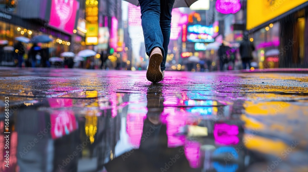 Fototapeta premium A lone pedestrian crosses a wet street, reflections of neon signs shimmering in puddles beneath umbrellas