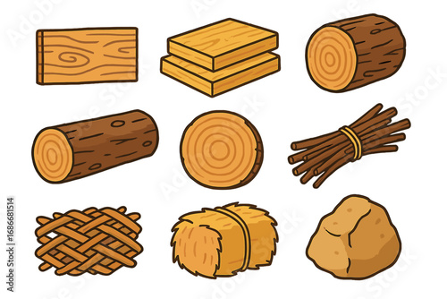 Collection of natural materials for construction and crafting. Vector cartoon icons of wood, lumber, timber, log, plank, stone, hay bale, sticks, and woven wicker. Building resource set.