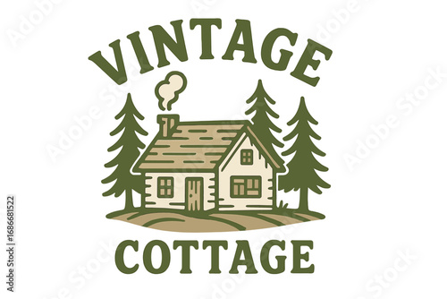 Vintage Cottage Logo with Pine Trees Illustration, Retro Rustic Cabin Design, Woodland Home Vector, Outdoor Nature Badge, Cozy Forest House Graphic, Timberland Emblem