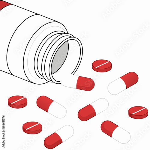 Isometric vector illustration of red and white pills spilling from a bottle