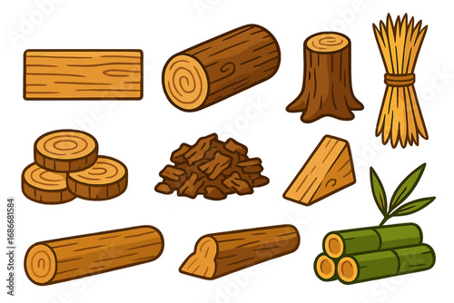 Set of wood materials for construction and crafting. Vector cartoon icons of log, timber, lumber, plank, stump, firewood, wood chips, bamboo, and straw. Natural resources.
