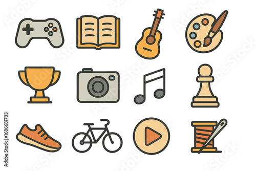 Hobby and leisure activities flat icon collection. Lifestyle and pastime symbols for gaming, reading, music, art, sports, photography, sewing. Vector cartoon illustration.