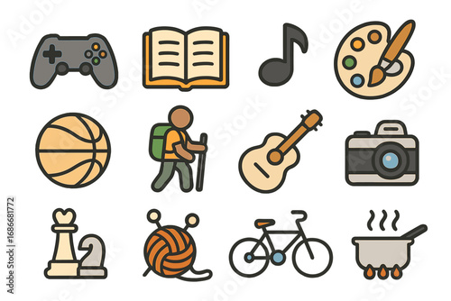 Hobby and leisure activities icon set. Vector collection of interests and pastimes. Gaming, reading, music, art, basketball, hiking, guitar, photography, chess, knitting, cycling, cooking.