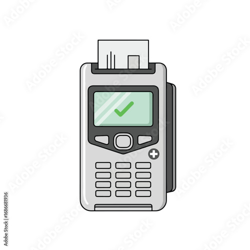 A cartoon illustration of a portable payment terminal with a green checkmark on its screen and a receipt emerging from the top.