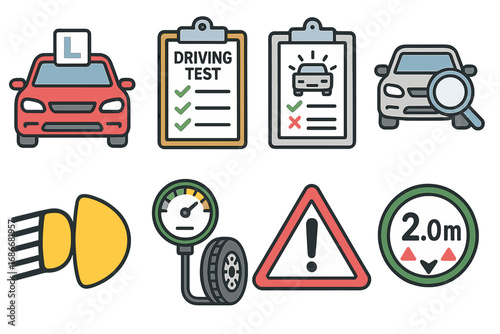 Driving test and car inspection icon set. Learner driver education, road safety symbols. Vehicle assessment, checklist, tire pressure, warning sign vector illustration.