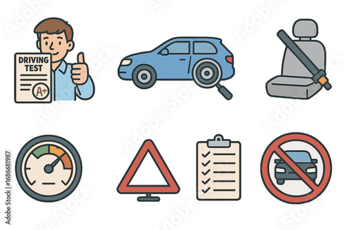 Driving test icon set. Vector cartoon illustration of passing an exam, getting a driver's license, vehicle inspection, car safety, traffic rules and road sign compliance.