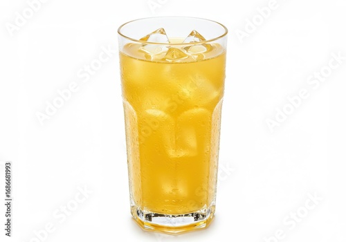 Wallpaper Mural A tall, clear glass filled with a vibrant yellow drink and ice cubes, showcasing a refreshing beverage against a plain white background. Torontodigital.ca