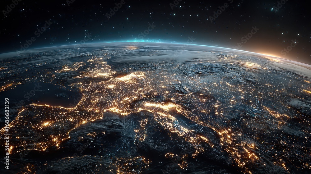 Fototapeta premium Planet earth from space shows city lights and sunrise over the horizon during a dark night