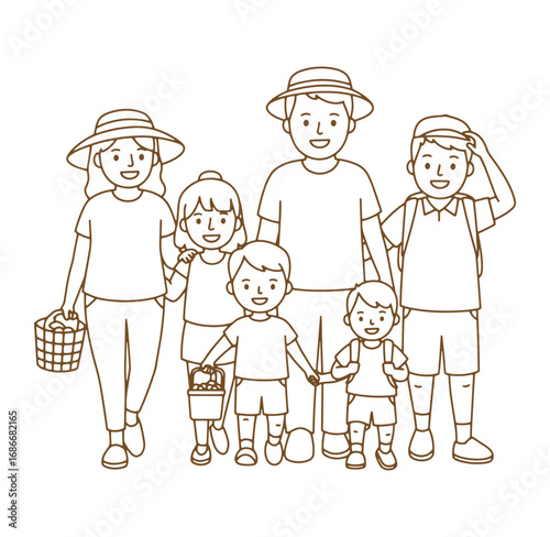 Happy family wearing hats standing together in casual attire ready for a day outing