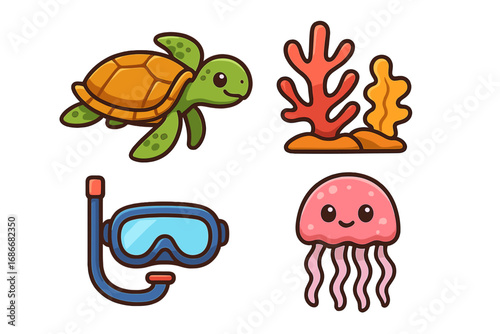 Colorful marine icons set with cute cartoon turtle, jellyfish, coral reef and snorkeling mask. Vector illustration collection for underwater sea life and ocean adventures.