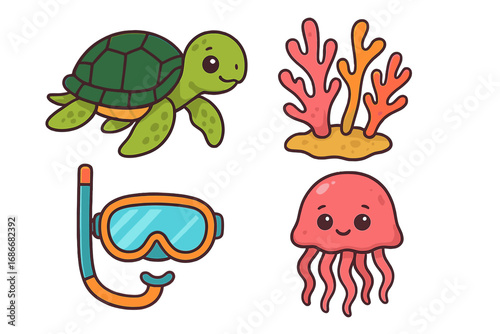 Set of cute marine icons. Sea turtle, jellyfish, coral reef and snorkeling mask. Underwater animal characters for kids. Ocean life adventure. Vector cartoon illustration.