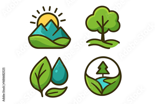 Real estate agent logo design, vector cartoon illustration, transparent background, ordered set of nature-themed icons featuring mountains, sun, tree, leaves, water drop, and landscape