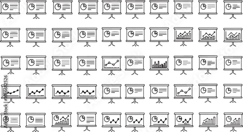 Collection of hand drawn business presentation slides showing charts and graphs for finance and data analysis vector