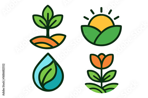 Real Estate Agent Logo Design with Modern Vector Cartoon Illustration, Transparent Background, Set of Colorful Property and Nature Icons for Branding and Marketing