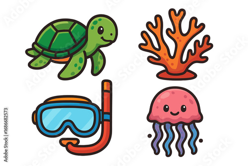 Cute sea animal icon set with turtle, jellyfish, and coral. Snorkeling gear for summer vacation fun. Cartoon vector illustration for kids. Marine life and underwater adventure.