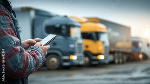 Truck driver checks logistics on phone with freight vehicles in the background. Transportation and connectivity in shipping industry concept.