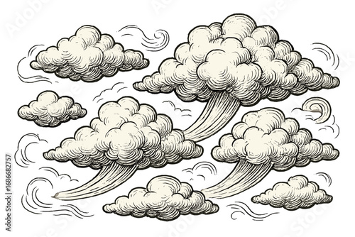 Vintage clouds set in engraving style. Retro hand-drawn cloudscape sketch with steamy air and wind streams. Antique ink drawing of fluffy sky tufts. Decorative vector element.