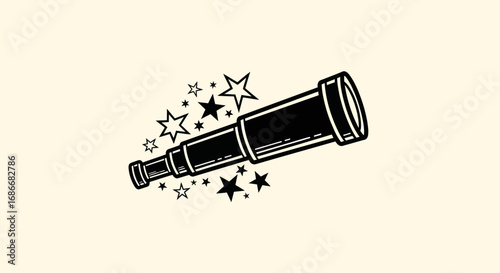 Vintage telescope exploring starry night sky illustration.