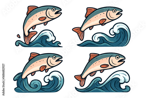 Salmon leaping over ocean waves, cartoon vector illustration with transparent background, dynamic fish jumping in water, aquatic nature, wildlife, river and sea habitat, fishing and marine life set
