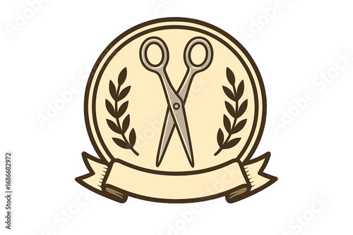 Vintage scissors barbershop logo badge design with laurel wreath, retro hair salon emblem, classic barber tools vector illustration on transparent background, professional grooming symbol