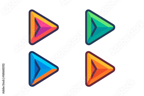 Colorful triangle arrow logo design set, vibrant vector cartoon brand templates with transparent background, geometric style, abstract icons, modern business symbols