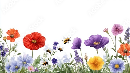 A peaceful garden bursting with colorful blooms, buzzing bees, and fresh green growth