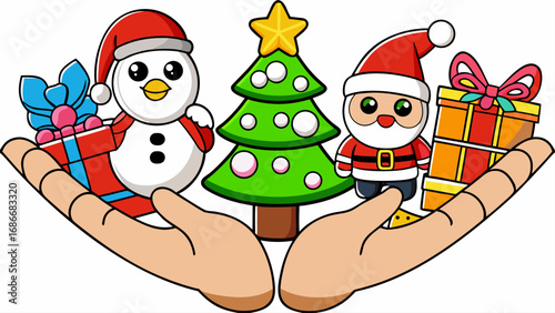 A cheerful cartoon Santa Claus and a friendly snowman celebrate the winter holiday season with a decorated Christmas tree and gifts