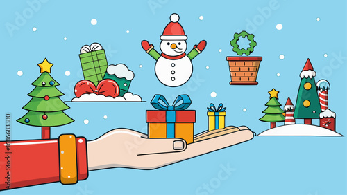 A hand with gifts and a decorated Christmas tree in a winter wonderland illustration