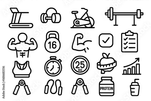 Fitness and workout line icon set. Gym exercise, strength training and bodybuilding equipment. Vector icons for health, sport, and wellness. Cardio, diet and muscle growth.