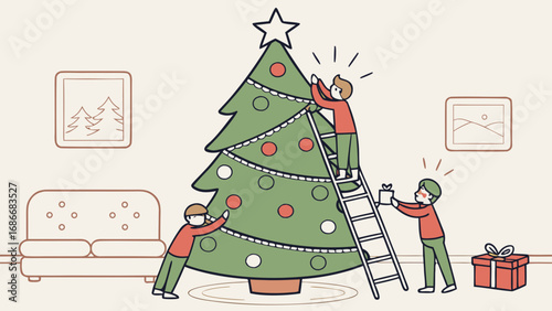 A beautiful Christmas tree decorated with ornaments and a star, surrounded by colorful holiday gifts and presents, in a snowy winter scene