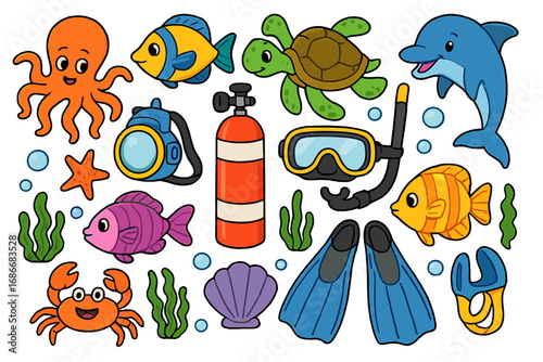 Cute cartoon sea animal and scuba diving gear set. Vector collection of isolated marine life icons: octopus, fish, turtle, dolphin. Underwater adventure and snorkeling theme.