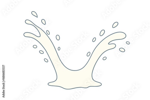 Vector milk splash illustration. Cartoon liquid dairy drink. White cream pouring with drops. Fresh food concept. Natural yogurt flow. Isolated graphic design element on white.