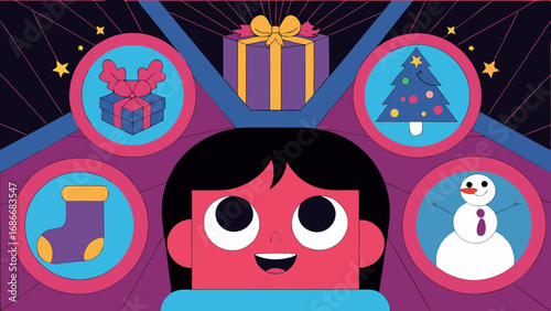 A funny cartoon illustration of a monster decorating a Christmas tree with an elf hat and a gift for a fun holiday celebration