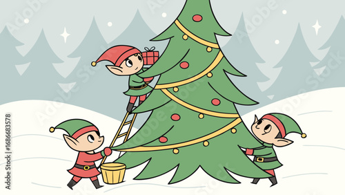 Children play in Christmas tree under a winter sky, celebrating the holiday season