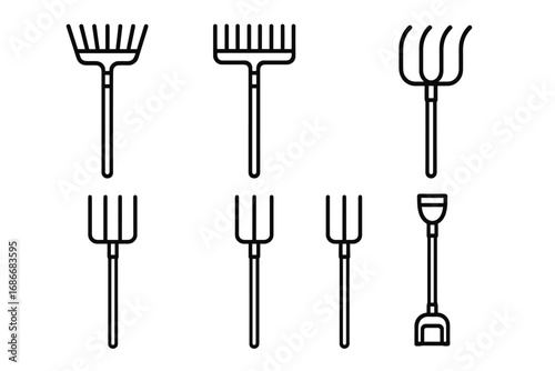 Garden tools outline icon set. Collection of rakes, pitchforks, and shovel. Minimalist line art vector illustration. Gardening equipment, agriculture, farming concept.