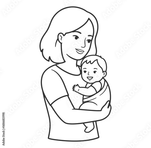 Mother holding baby in her arms simple black and white line art illustration