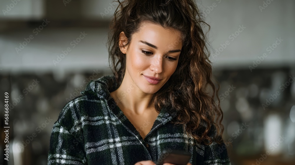Fototapeta premium Young woman with curly hair uses a smartphone indoors dressed in a casual plaid hoodie looking at the screen