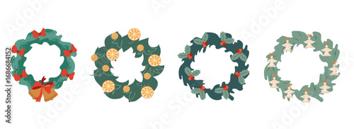Collection of four decorative Christmas wreaths with bows, oranges, holly berries, and angels. Perfect for holiday design and seasonal projects.