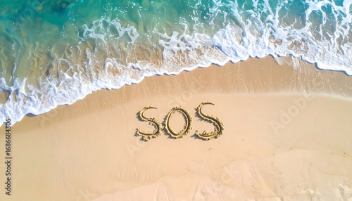 Aerial view of a sandy beach with ocean waves and the word 