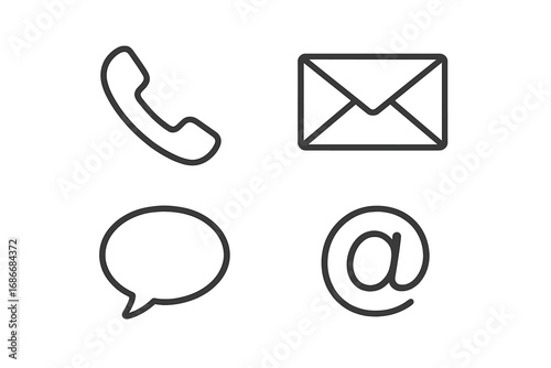 Contact us icons set. Communication methods symbols collection. Phone, email, message, and address signs. Simple vector line art for web and business. Minimalist pictogram outline.
