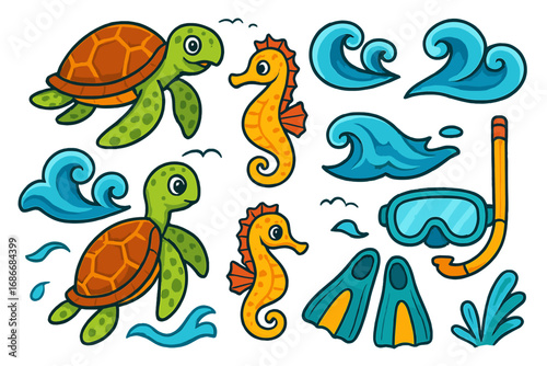 Set of cute sea life cartoon elements. Vector collection with sea turtle, seahorse, waves, diving mask, snorkel and flippers. Marine animal icons for summer vacation design.