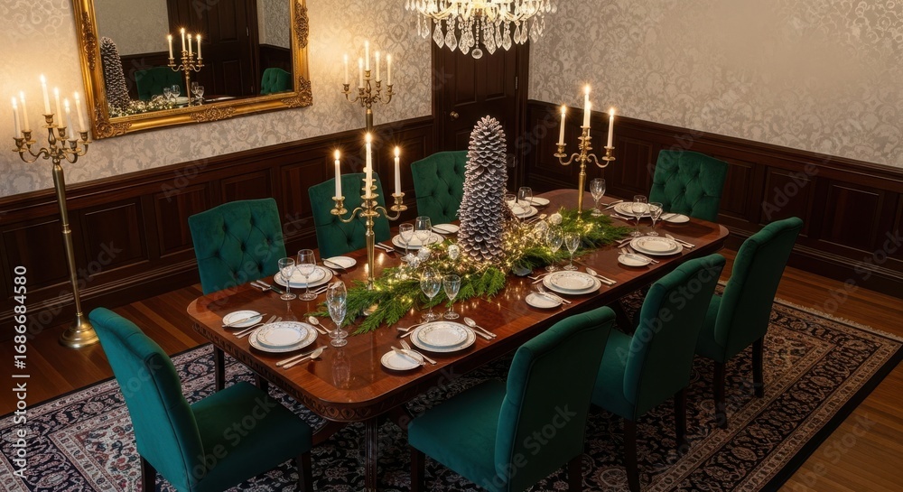 Fototapeta premium Elegant Dining Room Decorated for a Festive Holiday Celebration