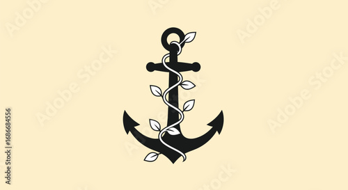 Black anchor entwined with a growing green vine and delicate leaves.