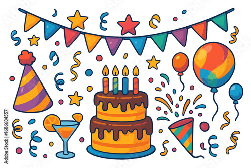 Birthday party elements set. Vector cartoon doodle collection. Festive celebration icons with cake, candles, balloons, confetti popper, hat, flags. Flat design isolated.