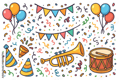Festive party celebration elements set. Vector cartoon doodle with colorful decorations, confetti, musical instruments, balloons, and party hats for a birthday or carnival event.