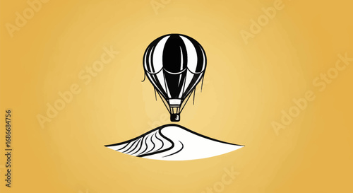 Vintage hot air balloon adventure over stylized desert landscape graphic.