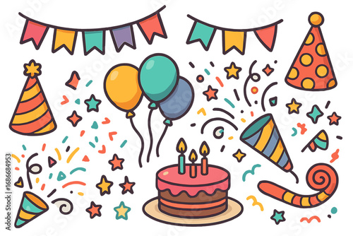 Birthday party celebration vector icon set. Cartoon doodle collection of festive decorations. Cake, balloons, confetti, party hats, popper for holiday anniversary event design.