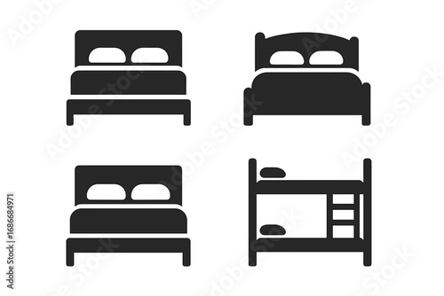 Bed icon set. Minimalist furniture silhouette for home decor. Vector symbols for sleep, hotel, and bedroom. Double and bunk bed collection for graphic design and web.